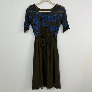 Cynthia Rowley 100% Silk Midi Dress Size‎ 0 Olive Green Blue Embroidered Floral